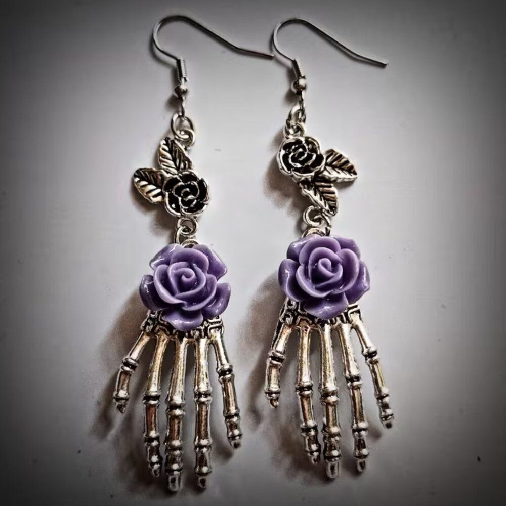 NWT Gothic Skeleton Hand Purple Rose Earrings Zinc Alloy Punk